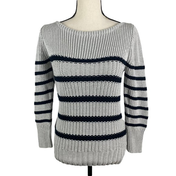 J. CREW GRAY NAVY STRIPED RIPPLE STITCH BOATNECK KNIT SWEATER SMALL - Picture 2 of 9